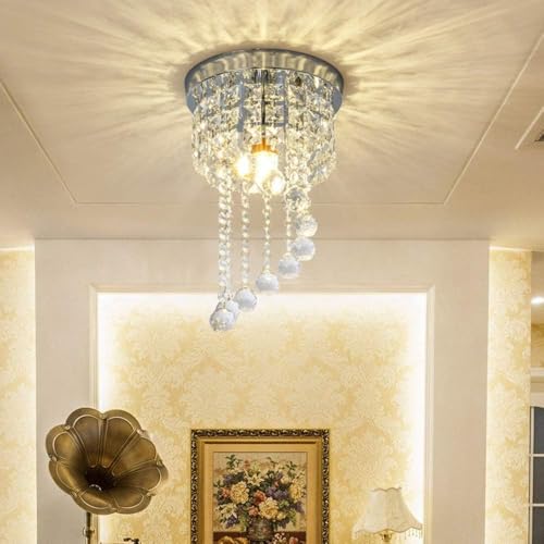WOKE 8inch Round Small Crystal Chandelier, Modern S-Shaped Raindrop Flush Mount Light Fixture, E-27 Chrome Beaded Decoration Chandelier for Bedroom, Hallway, Living Room, Kitchen, Dining Room - Image 3