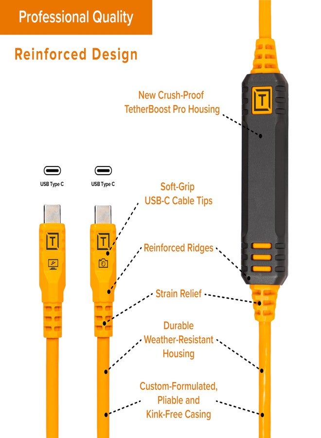 Tether Tools TetherPro Optima 10G USB-C Exclusive Data Transfer, 10’ (3m) Straight to Right Angle Cable - Orange - Image 4