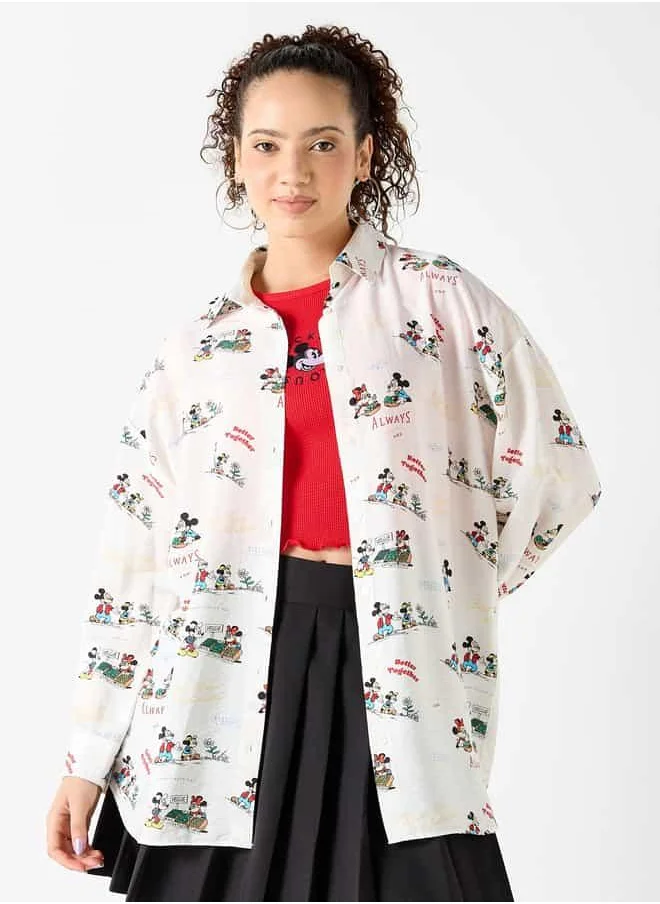 SP Characters Mickey and Minnie Mouse Print Shirt with Collar and Long Sleeves