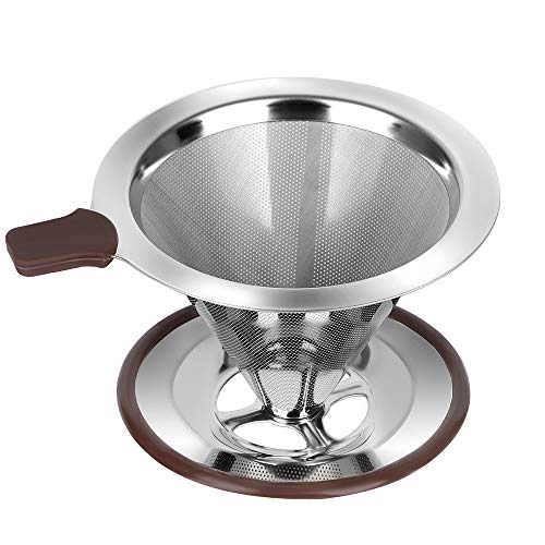 RealPero Pour Over Coffee Dripper, Reusable Paperless Coffee Filter,Professional Stainless Steel Drip Cone Brew Coffee Strainer,Upgraded Double Micro Mesh Filter with Cup Stand,1-2 Cup - Image 1