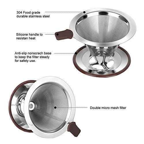 RealPero Pour Over Coffee Dripper, Reusable Paperless Coffee Filter,Professional Stainless Steel Drip Cone Brew Coffee Strainer,Upgraded Double Micro Mesh Filter with Cup Stand,1-2 Cup - Image 3