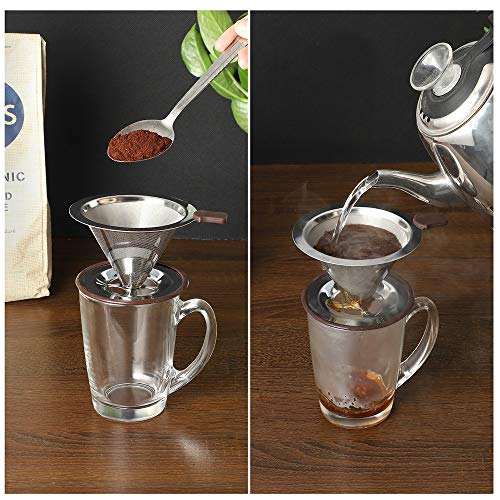 RealPero Pour Over Coffee Dripper, Reusable Paperless Coffee Filter,Professional Stainless Steel Drip Cone Brew Coffee Strainer,Upgraded Double Micro Mesh Filter with Cup Stand,1-2 Cup - Image 4