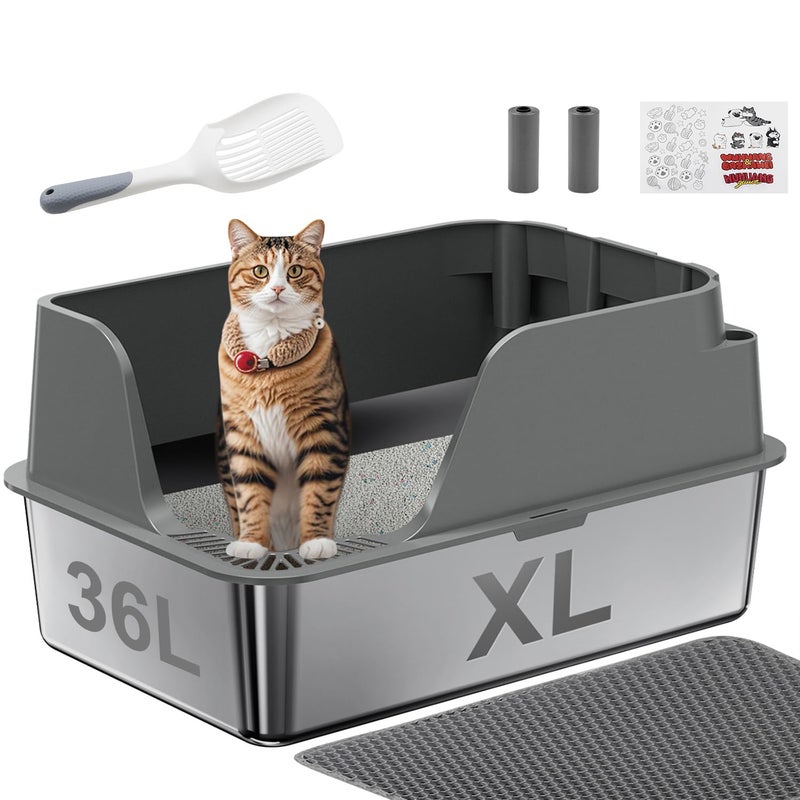 Ellenpent Non-stick Stainless Steel Litter Box, XL Side Opening Splash-Proof & Leak-Proof Seamless Seal, Ellenpent Large Capacity, Cat Litter Box with Lid for Multi-Cats, Large Cats, Easy-Clean & Durable (Gray) - Image 1