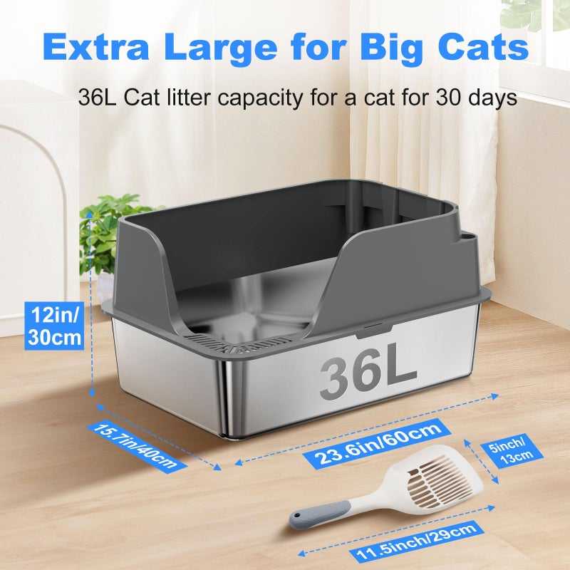Ellenpent Non-stick Stainless Steel Litter Box, XL Side Opening Splash-Proof & Leak-Proof Seamless Seal, Ellenpent Large Capacity, Cat Litter Box with Lid for Multi-Cats, Large Cats, Easy-Clean & Durable (Gray) - Image 2