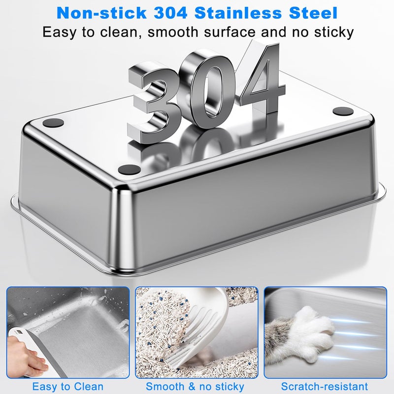 Ellenpent Non-stick Stainless Steel Litter Box, XL Side Opening Splash-Proof & Leak-Proof Seamless Seal, Ellenpent Large Capacity, Cat Litter Box with Lid for Multi-Cats, Large Cats, Easy-Clean & Durable (Gray) - Image 3