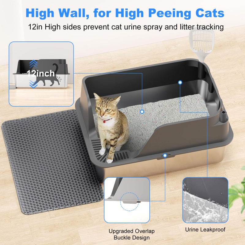 Ellenpent Non-stick Stainless Steel Litter Box, XL Side Opening Splash-Proof & Leak-Proof Seamless Seal, Ellenpent Large Capacity, Cat Litter Box with Lid for Multi-Cats, Large Cats, Easy-Clean & Durable (Gray) - Image 4