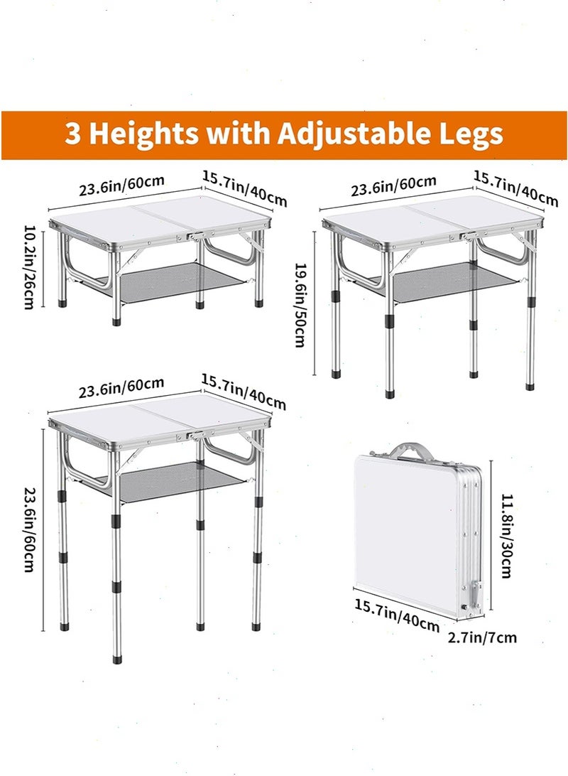Yoawllty Adjustable Camping Table, Folding Picnic Table with Mesh Storage Layer, Lightweight Fold-in-Half Table with Handle for BBQ, Party(White) - Image 2