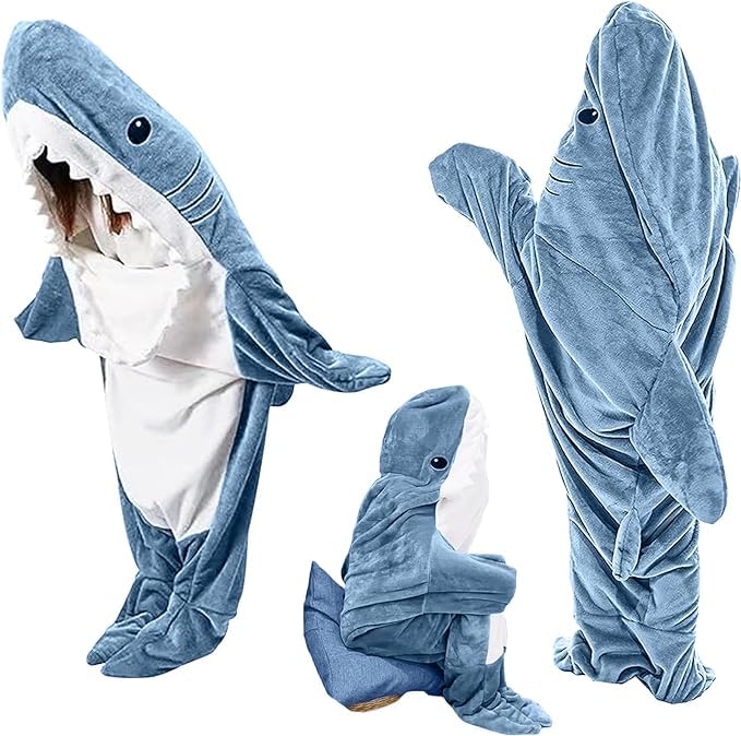 TBGENIUS Shark Blanket Onesie Shark Hoodie for Adults and Kids Cozy Flannel Shark Costume Shark Sleeping Bag Blue