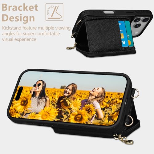 Keallce Case for iPhone 17 Pro 6.3'' Case Wallet, Crossbody Zipper Purse with RFID Blocking Card Slots Kickstand, Lanyard & Handstrap Flip Folio Leather Phone Cover for iPhone 17 Pro, Black - Image 3