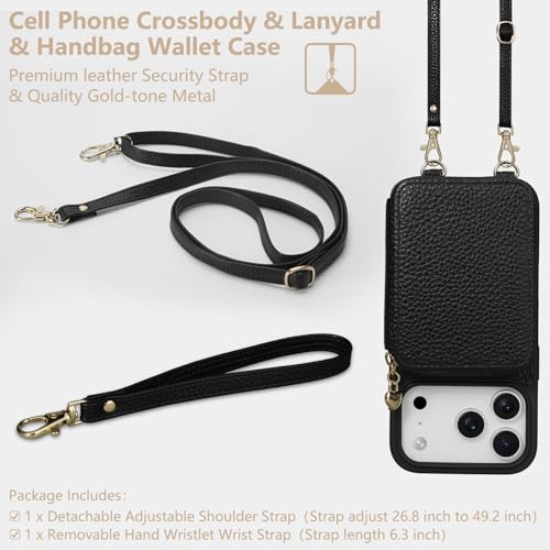 Keallce Case for iPhone 17 Pro 6.3'' Case Wallet, Crossbody Zipper Purse with RFID Blocking Card Slots Kickstand, Lanyard & Handstrap Flip Folio Leather Phone Cover for iPhone 17 Pro, Black - Image 5