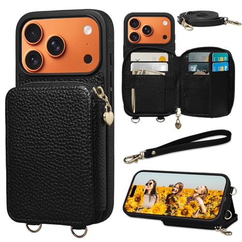 Keallce Case for iPhone 17 Pro 6.3'' Case Wallet, Crossbody Zipper Purse with RFID Blocking Card Slots Kickstand, Lanyard & Handstrap Flip Folio Leather Phone Cover for iPhone 17 Pro, Black - Image 1