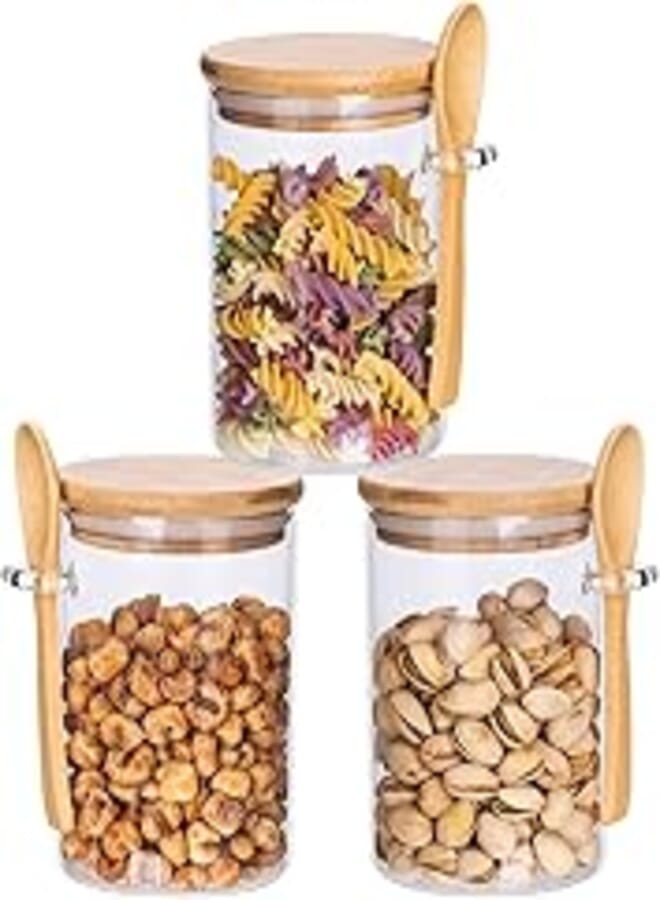 Set of 3 Round Airtight Glass Jars with Bamboo Lids and Spoons, 22Oz/650ml Glass Food Storage Jars Container for Coffee, Beans, Tea, Flour, Sugar, Nuts, Candy, Bath Salts & More