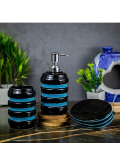 KAOLINITE Kaolinite Ceramic Bathroom Accessories Set for Utility and Bathroom Decor Liquid Soap Dispenser soap Tray Toothbrus Holder Glossy Sky Blue and Black GOA_8  - Image 1