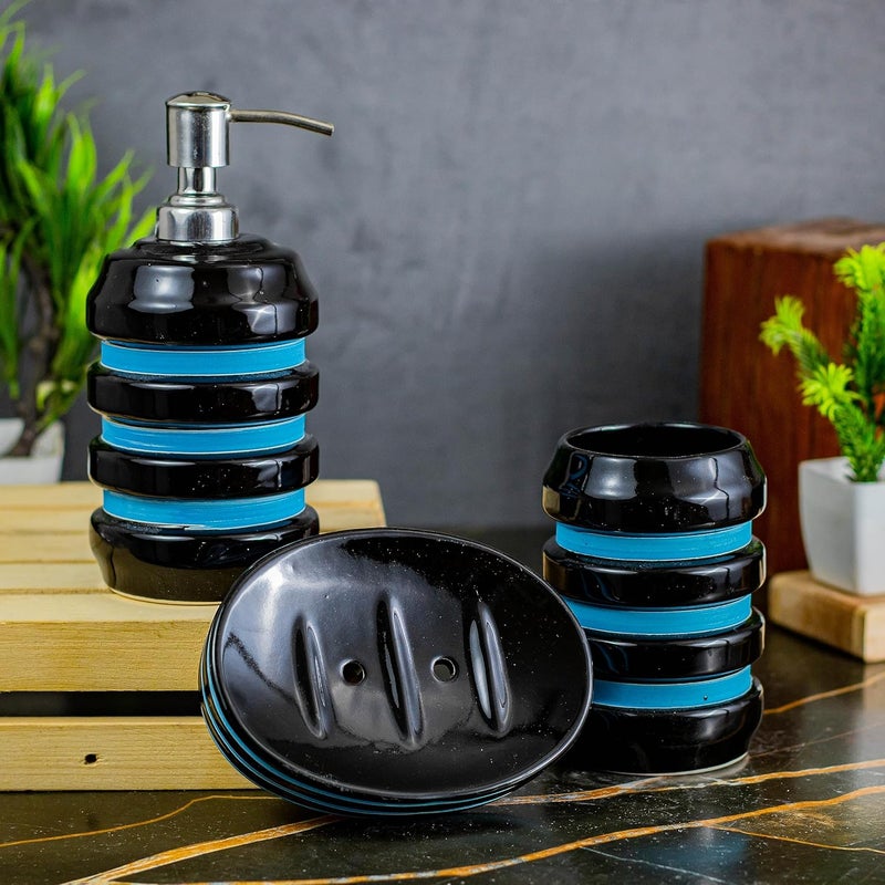 KAOLINITE Kaolinite Ceramic Bathroom Accessories Set for Utility and Bathroom Decor Liquid Soap Dispenser soap Tray Toothbrus Holder Glossy Sky Blue and Black GOA_8  - Image 2