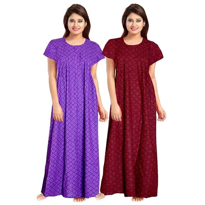 Vlazom Women's Pure Cotton Regular Rajasthani Nighty Rajasthani Gown Jaipuri Nighty Jaipuri Gown Maxi Gown (Pack of 2 pcs) (Purple,Maroon, Free Size) - Image 1