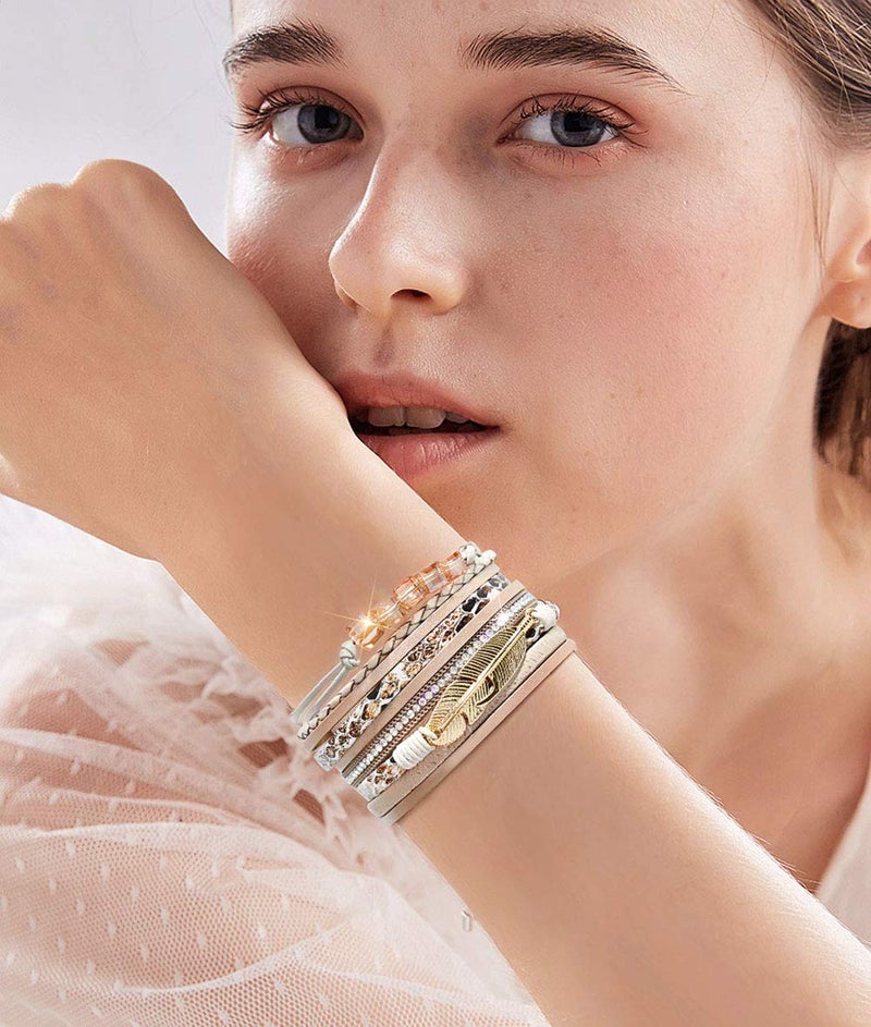 Wovanoo Leather Wrap Bracelet Set 3Pack Wrist Cuff Bracelet for Women Multilayer Magnetic Clasp Bracelet Feather Tree Bead Crystal Bracelet Crystal - Image 4
