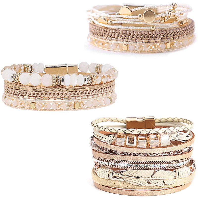 Wovanoo Leather Wrap Bracelet Set 3Pack Wrist Cuff Bracelet for Women Multilayer Magnetic Clasp Bracelet Feather Tree Bead Crystal Bracelet Crystal - Image 1