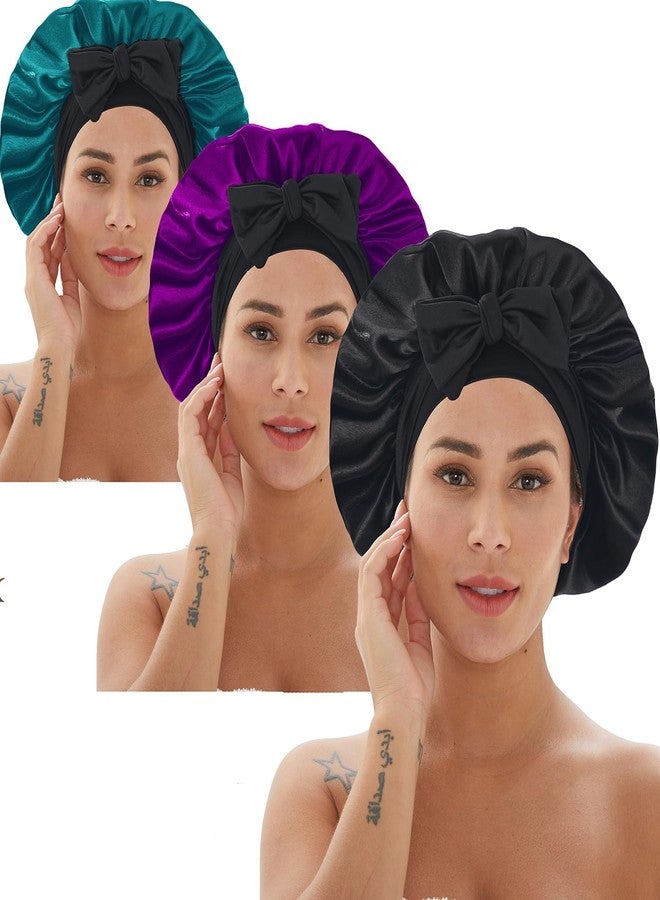 Wzl Wlg 3 Pcs Silk Bonnet for Sleeping, Hair Bonnets with Tie Band Satin Bonnet for Women Night Sleep Caps Natural Curly Hair (Set_A) - Image 4
