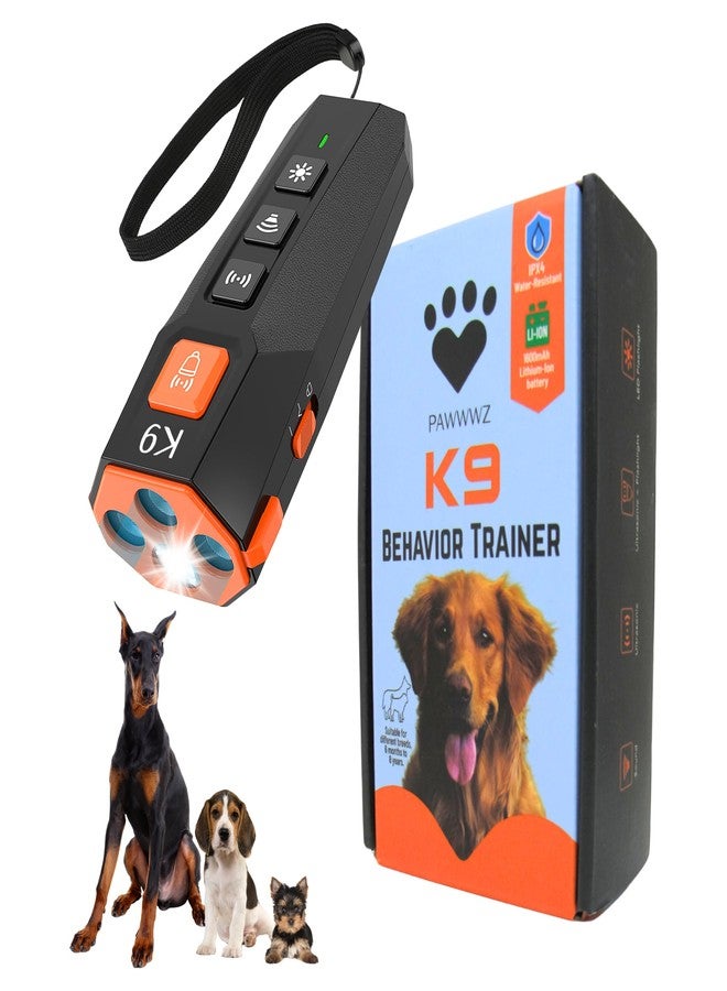 جهاز Pawwwz K9 لمنع نباح الكلاب - طريقة إنسانية - جهاز تدريب ومنع نباح الكلاب بدون صدمات كهربائية - جهاز تدريب ومصباح LED قوي 2 في 1 - قابل لإعادة الشحن - مقاوم للماء بمعيار IPX4، للاستخدام الداخلي والخارجي - Image 1