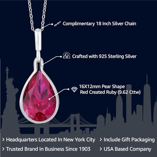 Gem Stone King 9.62 Cttw Red Created Ruby Pendant Necklace For Women In 925 Sterling Silver | Pear Shape 16X12MM | With 18 Inch Silver Chain - Image 2