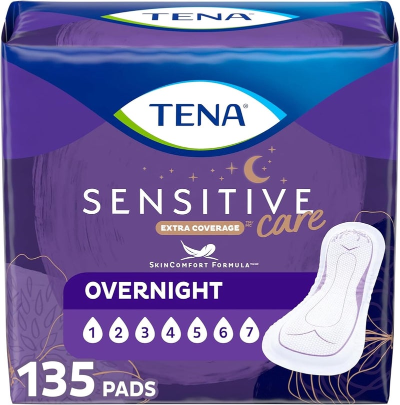 Tena وسادات تينا للعناية الحساسة لعدم التحكم في المثانة بعد الولادة للنساء لليلة مع امتصاص إضافي 135 عدداً - Image 1