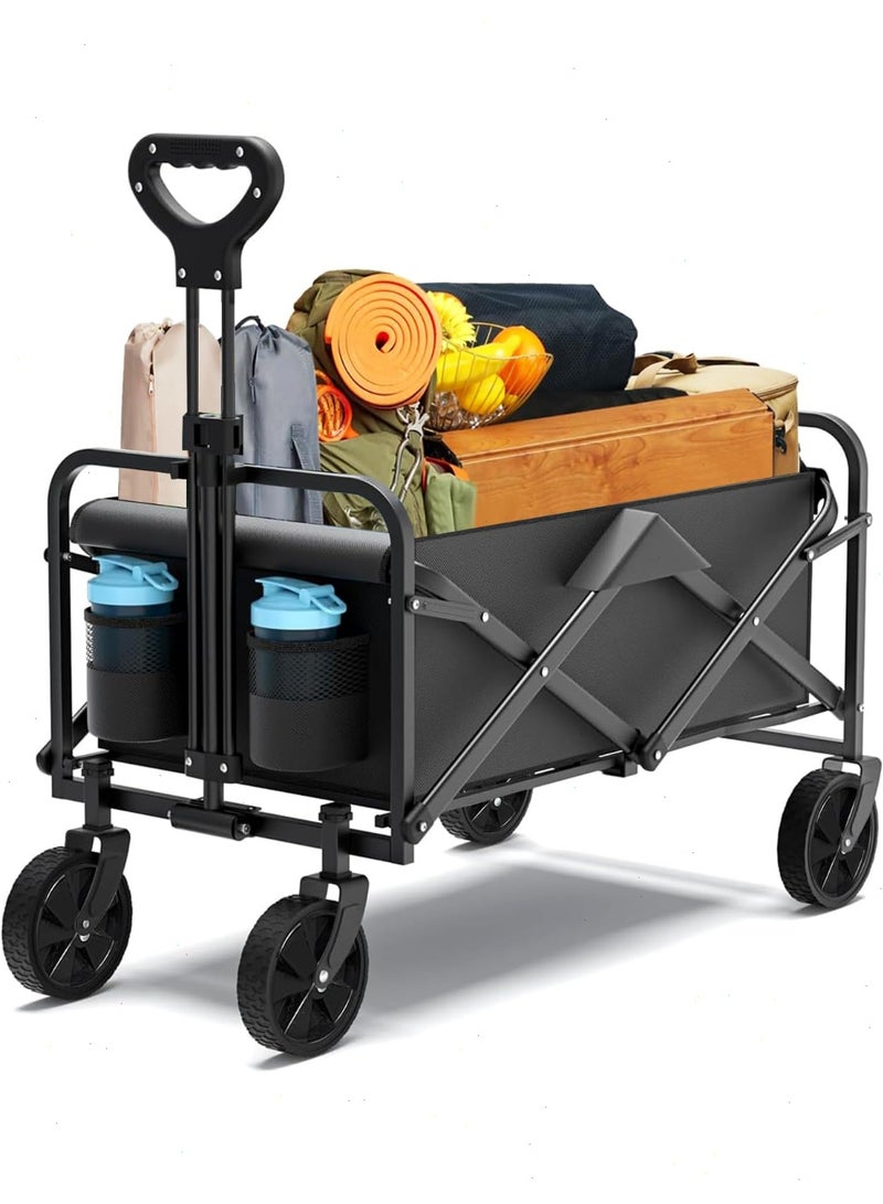 يواوليتي عربه نقل الاغراض للطي مزودة بعجلات لجميع التضاريس وحاملات مشروبات، عربة كبيرة محمولة للتخييم والتسوق والحديقة والشاطئ والعشب والرمال وصيد الأسماك (أسود) - Image 1