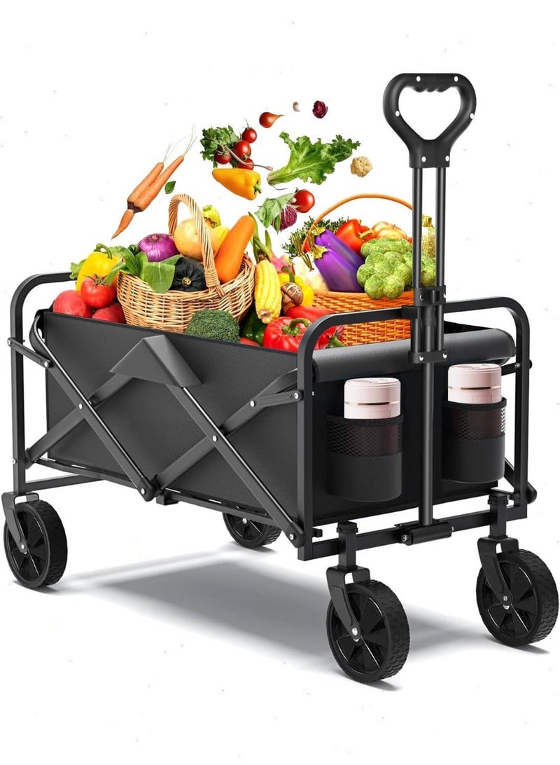 Yoawllty Wagon Trolley Cart, Collapsible Wagon with All Terrain Wheels and Drink Holders, Portable Large Wagon for Camping, Shopping, Garden and Beach, Fishing(Black) - Image 1