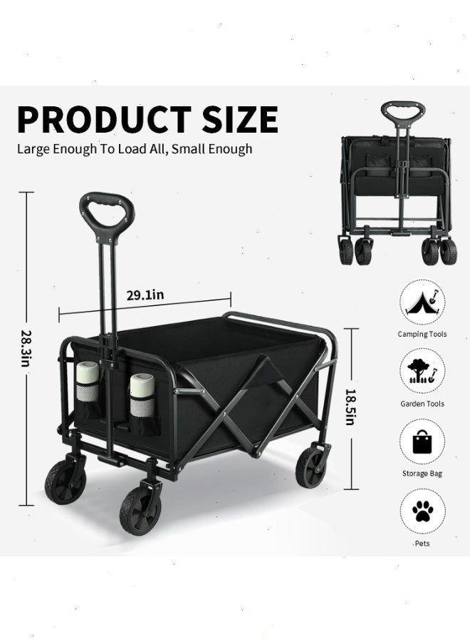 Yoawllty Wagon Trolley Cart, Collapsible Wagon with All Terrain Wheels and Drink Holders, Portable Large Wagon for Camping, Shopping, Garden and Beach, Fishing(Black) - Image 2