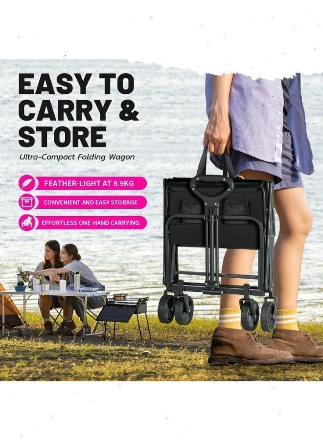 Yoawllty Wagon Trolley Cart, Collapsible Wagon with All Terrain Wheels and Drink Holders, Portable Large Wagon for Camping, Shopping, Garden and Beach, Fishing(Black) - Image 4