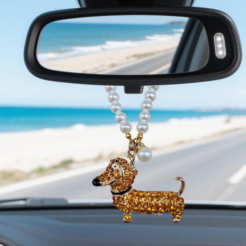 YoRise Bling Diamond Dachshund Car Rear View Mirror Charm Crystal Rhinestone Hanging Ornament Cute Sparkling Car Pendant Universal Auto Interior Decoration Accessories for Women Girls Gold - Image 3