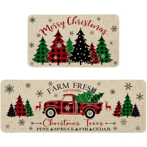 Ideasonna Farmhouse Christmas Kitchen Mat Decor, Farm Fresh Christmas Trees Kitchen Rugs Sets of 2, Christmas Mats for Kitchen Floor, Christmas Rugs Indoor Kitchen Christmas Decorations - Image 1