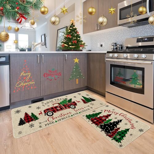 Ideasonna Farmhouse Christmas Kitchen Mat Decor, Farm Fresh Christmas Trees Kitchen Rugs Sets of 2, Christmas Mats for Kitchen Floor, Christmas Rugs Indoor Kitchen Christmas Decorations - Image 2