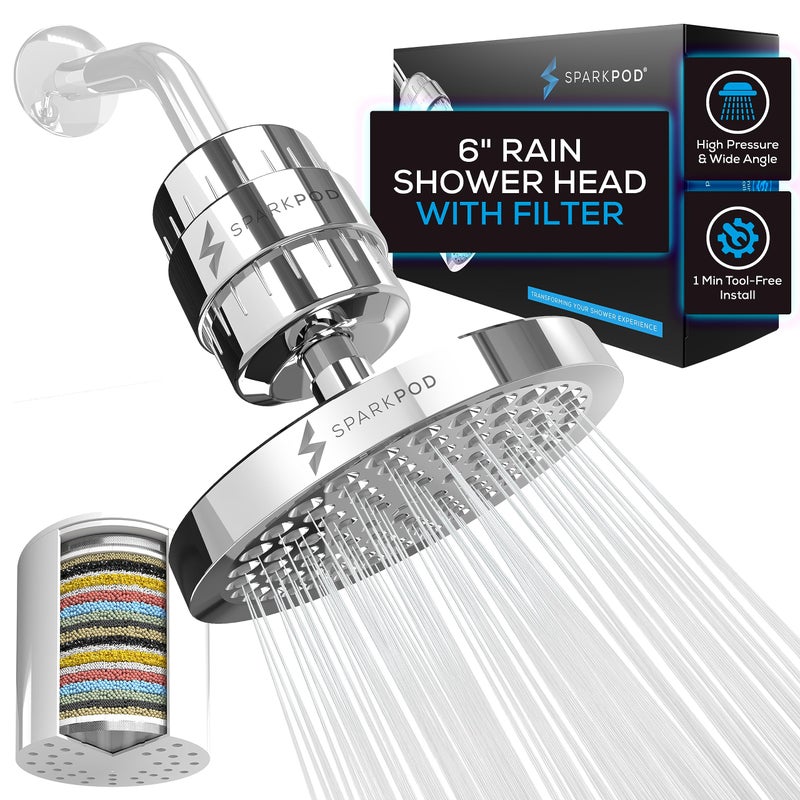 SparkPod Luxury Filtered Shower Head Set 23 Stage Shower Filter Reduces Chlorine and Heavy Metals High Pressure Showerhead Filter 6 Round Polished Chrome Finish - Image 2