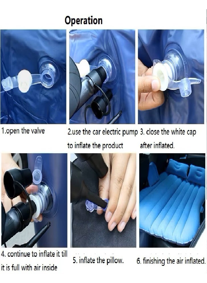 An inflatable air mattress designed for use in the car, specifically in the back seat, with pillows and an air pump for easy inflation and deflation. - Image 2