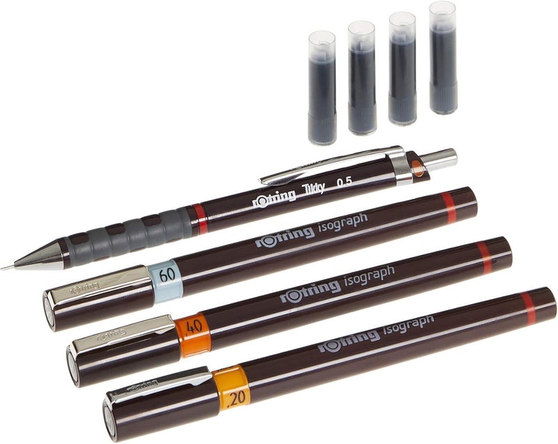 Rotring Isograph Junior Set 3X Technical Pens (0.20mm, 0.40mm, 0.60mm) + Accessories - Image 3