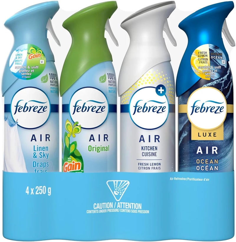 Febreze Air Freshener Variety Pack - 4 x 250g (Linen & Sky, Original Gain, Fresh Lemon, Ocean) - Image 1