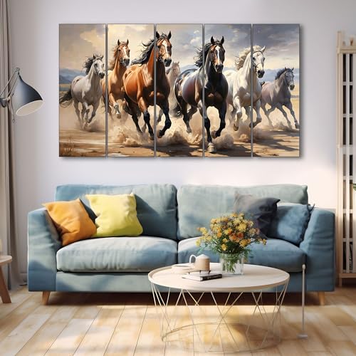 The Castle Decor 7 Horses Wall Painting for Living Room Big Size - 7 Running Horses Painting Vastu for Bedroom, Office, Hotel - Wall Decor Digital Painting Wooden Framed for Gifting (27x48 inch) - Image 1