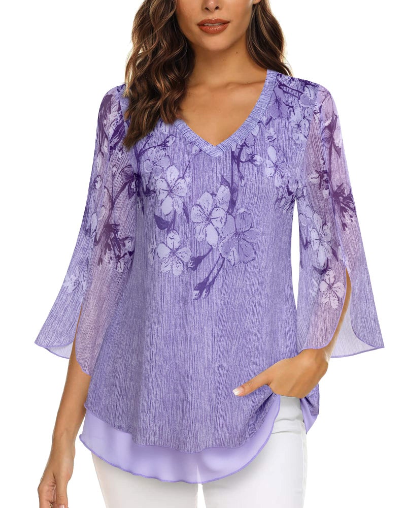 Timeson Womens Blouses and Tops Dressy,3/4 Sleeve Tunic Tops for Women Floral Ladies Tops Dressy Casual Loose Fit V Neck Business Attire Long Shirts for Leggings Office Work Clothes Multi- Violet L - Image 2