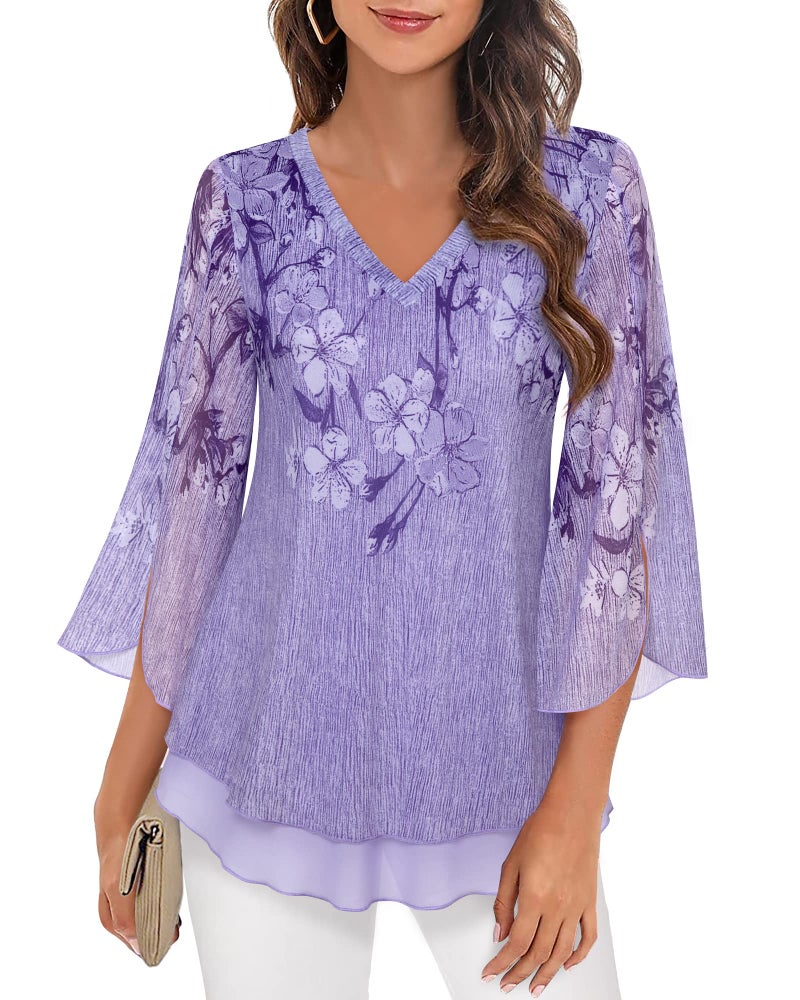 Timeson Womens Blouses and Tops Dressy,3/4 Sleeve Tunic Tops for Women Floral Ladies Tops Dressy Casual Loose Fit V Neck Business Attire Long Shirts for Leggings Office Work Clothes Multi- Violet L - Image 1