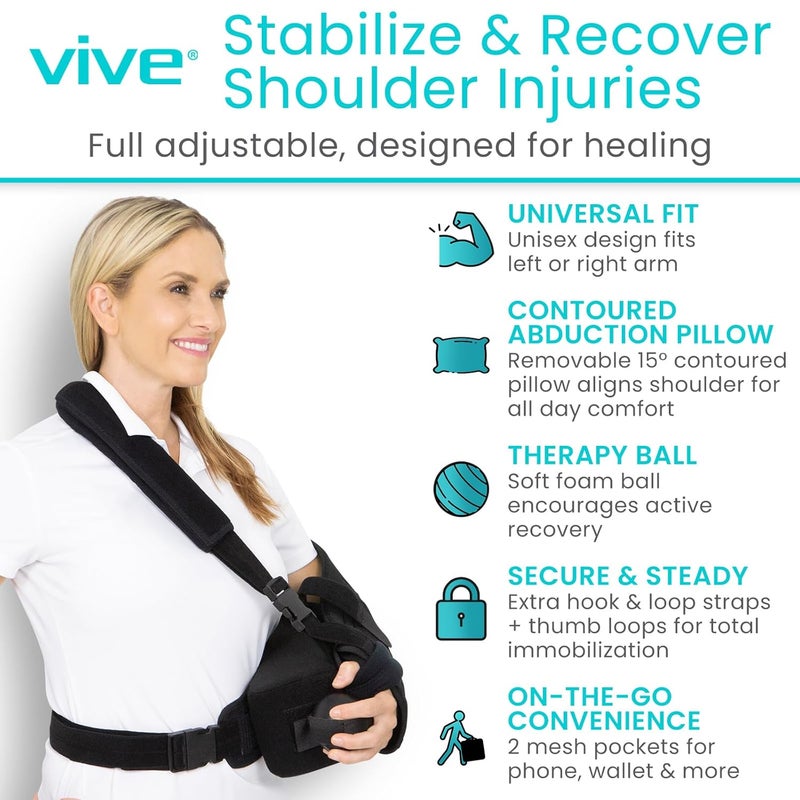 Vive Shoulder Abduction Sling  Immobilizer for Injury Support  Pain Relief Arm Pillow for Rotator Cuff Sublexion Surgery Dislocated Broken Arm  Brace Includes Pocket Strap Stress Ball Wedge - Image 2