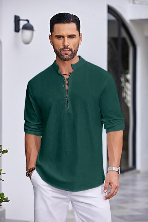 Macsivo Men's Stylish Mandarin Collar Kurta | Casual Ethnic Fusion Shirt for Daily, Party & Travel | Full Sleeves | Cotton Blend Comfort Fit Short Kurta Green - Image 5