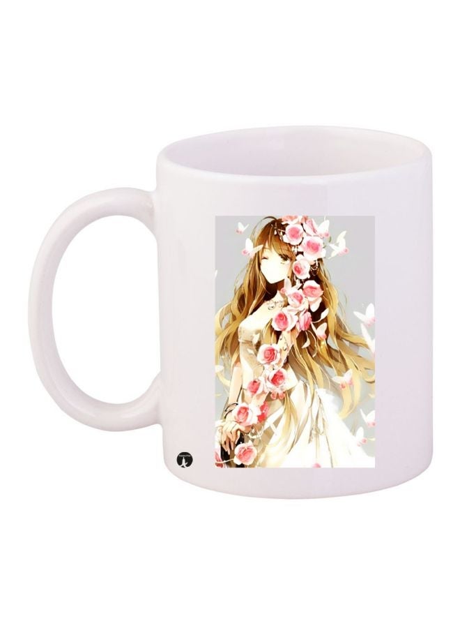 RYN Floral Girl Printed Coffee Mug White/Yellow/Pink 11ounce