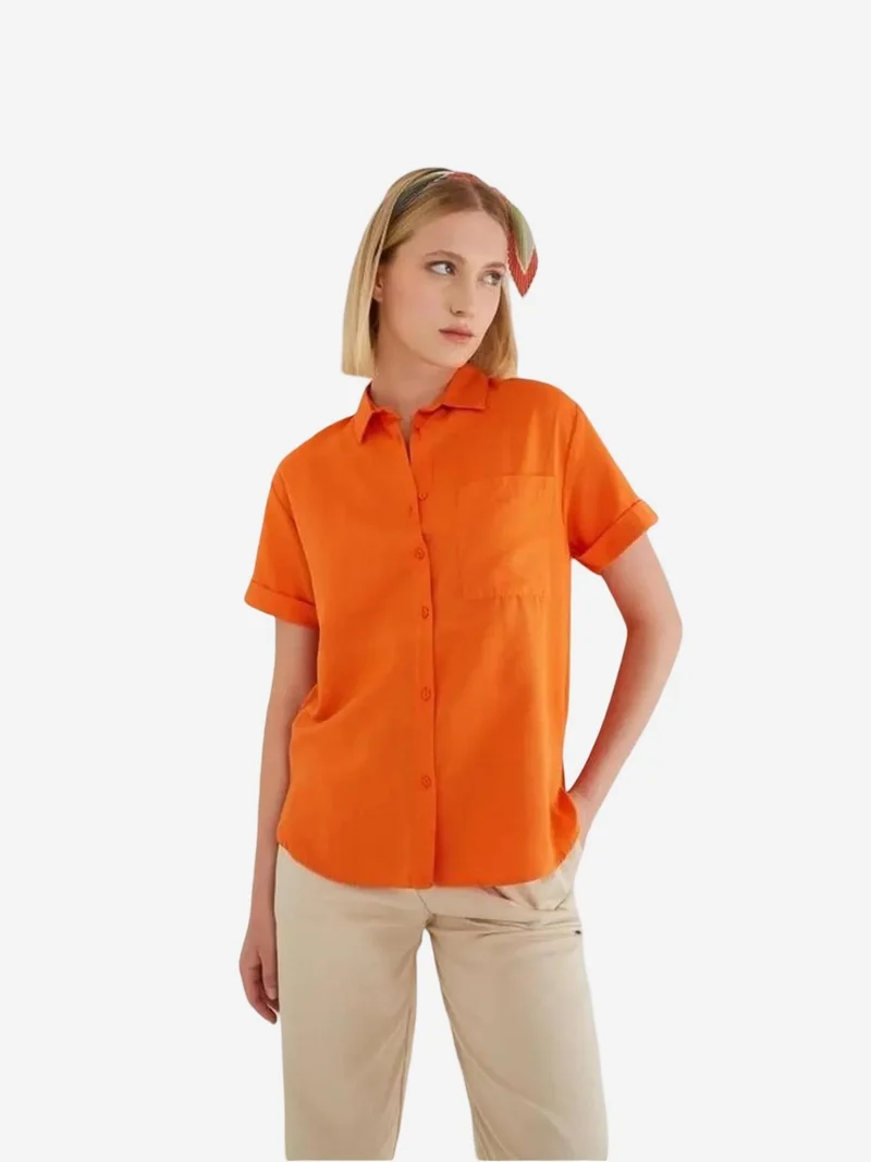 Mixray Bright Orange MIXRAY Short Sleeve Shirt with Pockets for Women | Best Price UAE