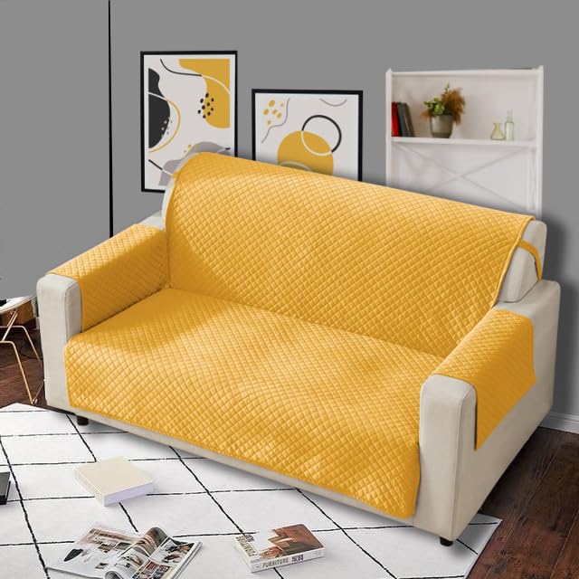 KINGLY Velvet Quilted Universal Elastic Sofa Cover Non-Slip Sofa Protector 5 Seater Armchair Cover with Machine Washable Adjustable Elastic Straps (3+2 Seater) (Yellow) - Image 5