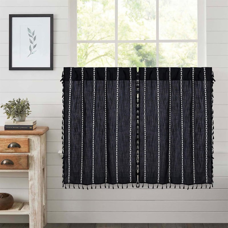 RoomTalks Black Boho Kitchen Curtains 36 Inch Length French Striped Modern Farmhouse Vintage Chic Gothic Moody Short Cafe Curtains for Small Window Kitchen Bathroom - Image 1