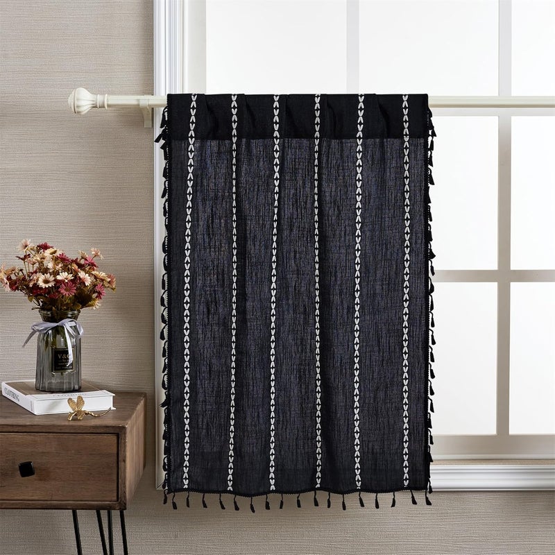 RoomTalks Black Boho Kitchen Curtains 36 Inch Length French Striped Modern Farmhouse Vintage Chic Gothic Moody Short Cafe Curtains for Small Window Kitchen Bathroom - Image 4