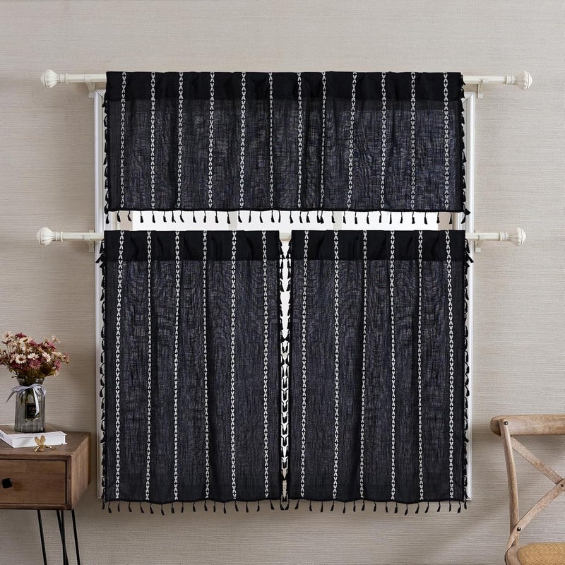RoomTalks Black Boho Kitchen Curtains 36 Inch Length French Striped Modern Farmhouse Vintage Chic Gothic Moody Short Cafe Curtains for Small Window Kitchen Bathroom - Image 2