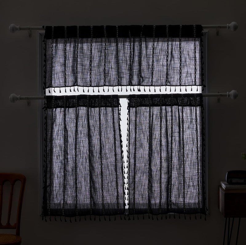 RoomTalks Black Boho Kitchen Curtains 36 Inch Length French Striped Modern Farmhouse Vintage Chic Gothic Moody Short Cafe Curtains for Small Window Kitchen Bathroom - Image 3