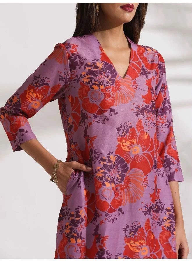 trueBrowns Purple Print Kurta Co-ord Set