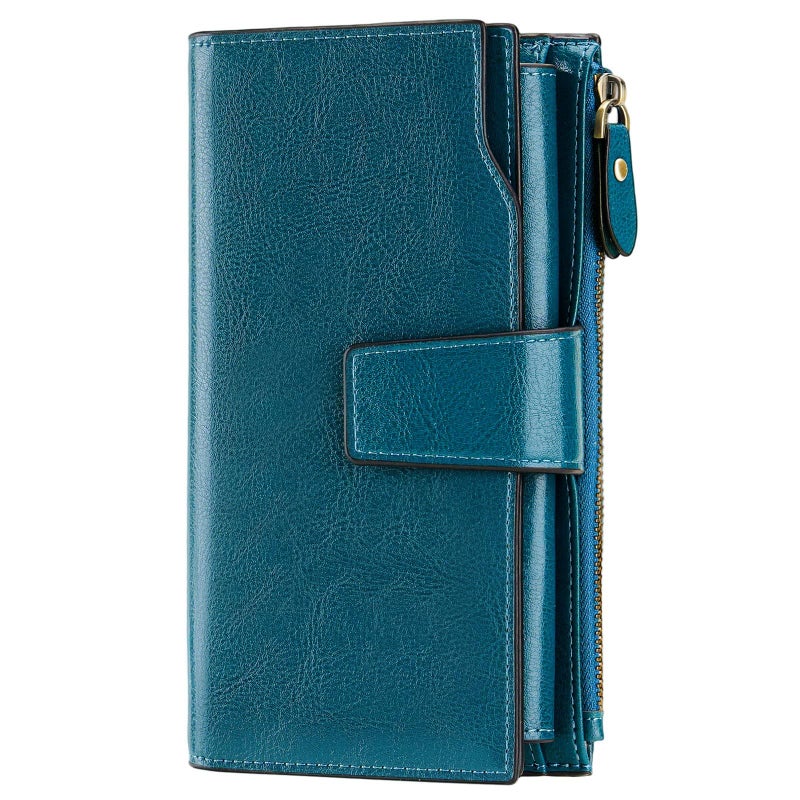Women's Long Wallet with Oiled Wax Finish, Multi-card Holder, RFID Blocking - Image 1